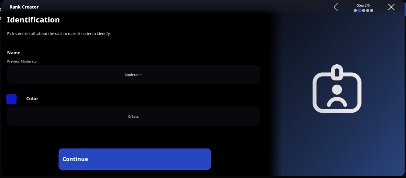 A rank with the name Moderator and color #0f1acc