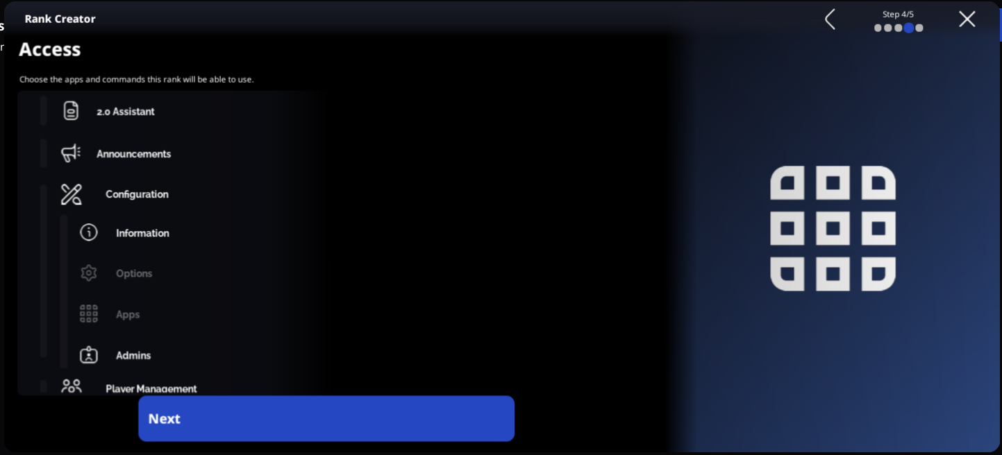 The Access page with Options and Apps disabled